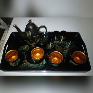 Japanese Lacquer Ware Tray Tea Set Teapot Cups Saucer Tray Asian Vintage Chinese